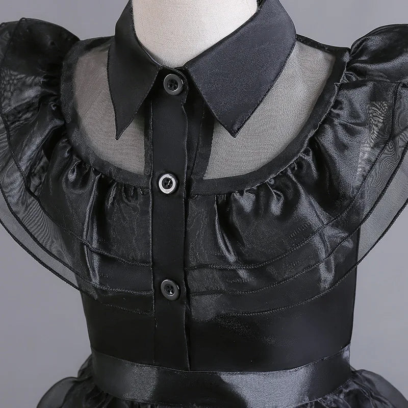 Girls Black Layered Cake Gown with Mesh Details and Mid Calf Length