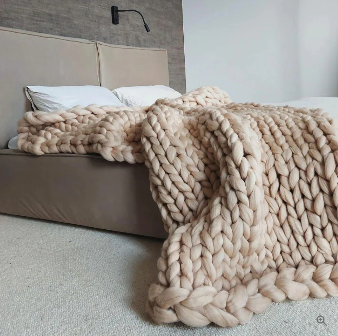 Knitted Throw Blanket with Natural Fibers and Hand-Textured Design, All-Season Use