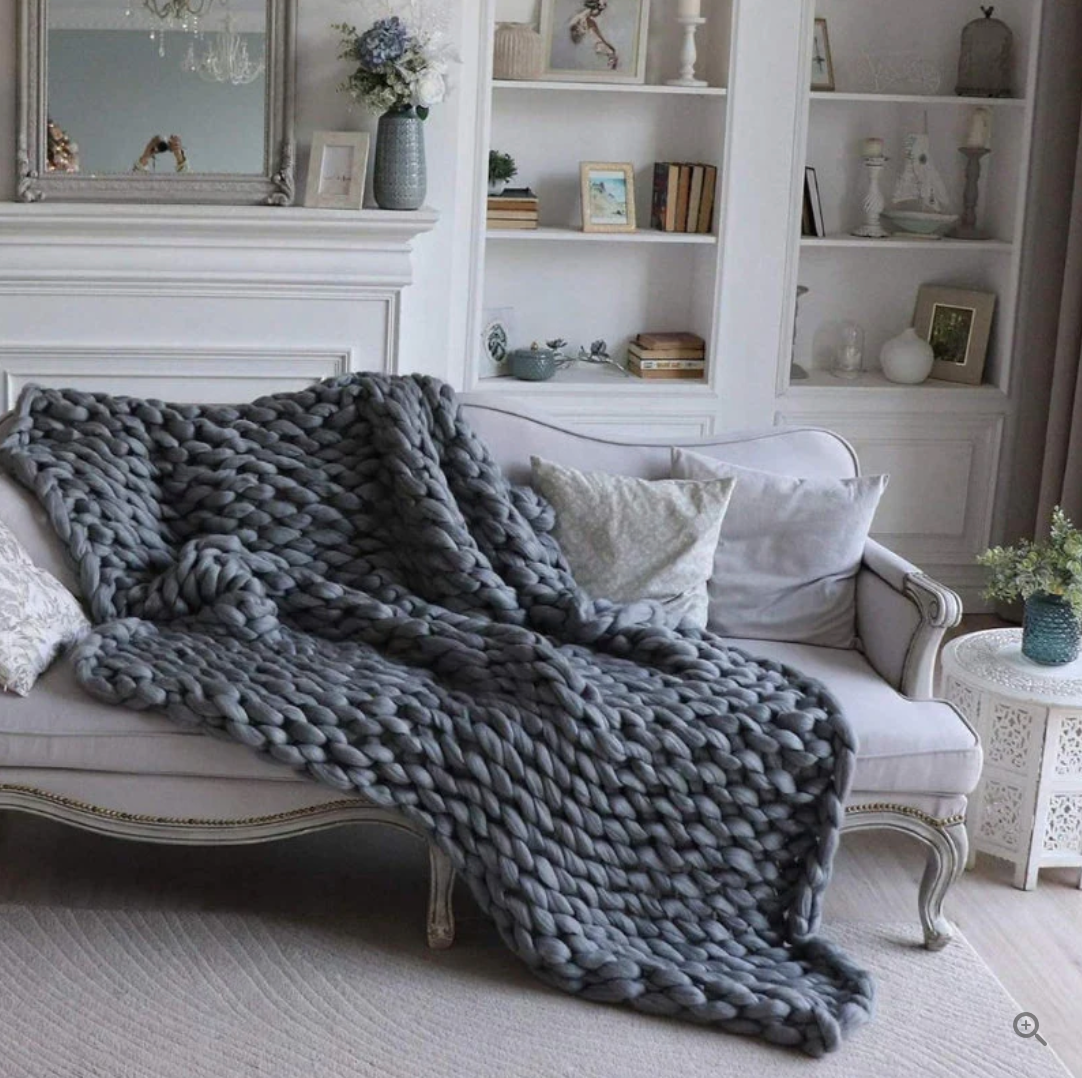 Knitted Throw Blanket with Natural Fibers and Hand-Textured Design, All-Season Use