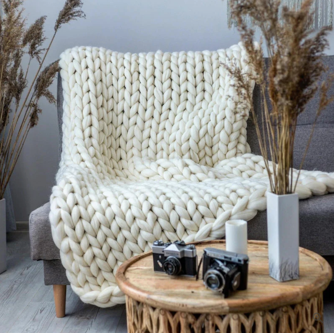 Knitted Throw Blanket with Natural Fibers and Hand-Textured Design, All-Season Use