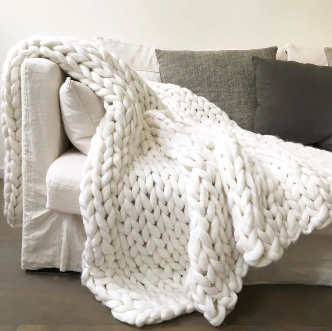 Knitted Throw Blanket with Natural Fibers and Hand-Textured Design, All-Season Use