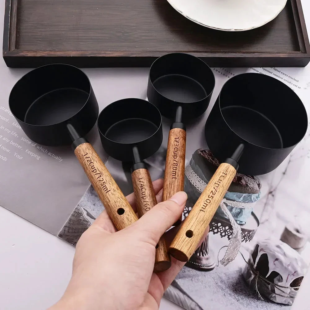 Measuring Cup and Spoon Set with Engraved Markings and Wooden Handles, 8-Piece