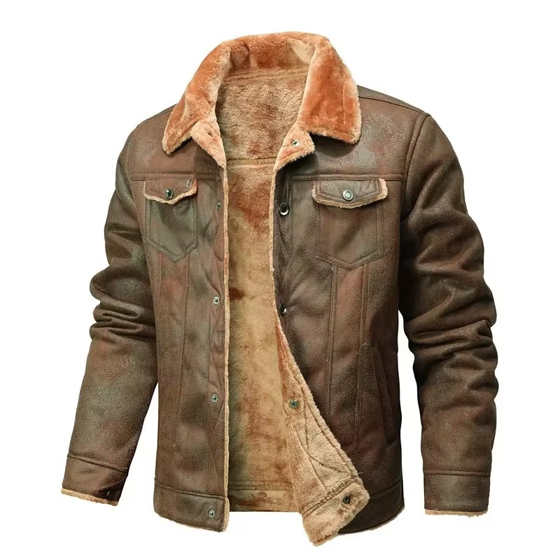 Mens Suede Winter Coat with Fleece Lining and Dual Zipper Button Closure