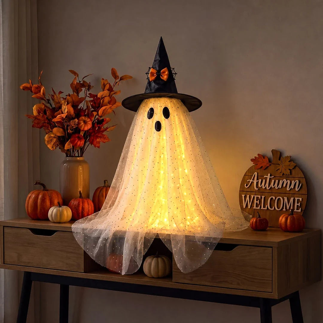 Battery Powered Ghost Decoration with Sparkly Tulle and Witch Hat, 23 Inches