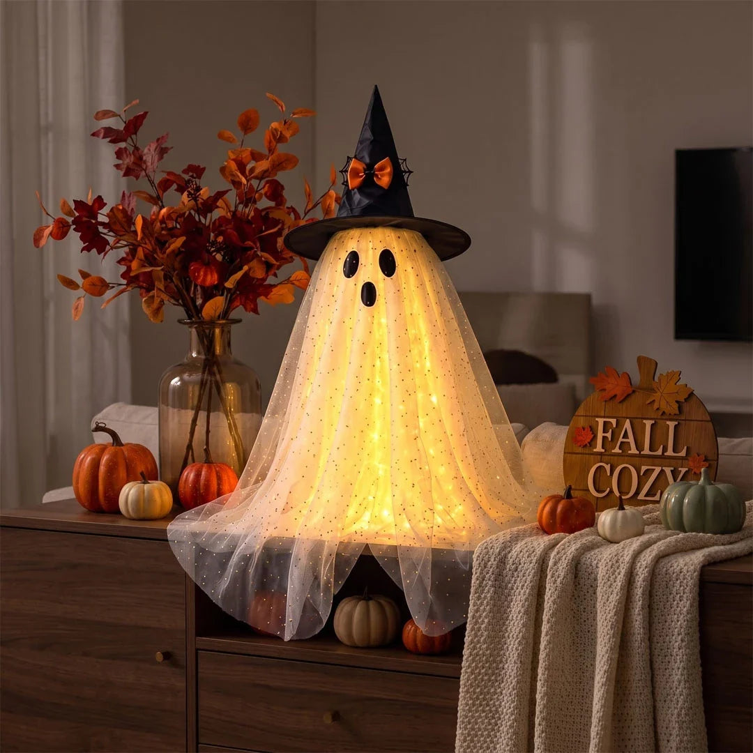 Battery Powered Ghost Decoration with Sparkly Tulle and Witch Hat, 23 Inches
