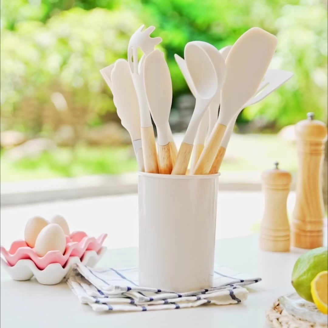 Silicone Kitchen Utensil Set with Bamboo Handles and Heat Resistant Design, 12-Piece