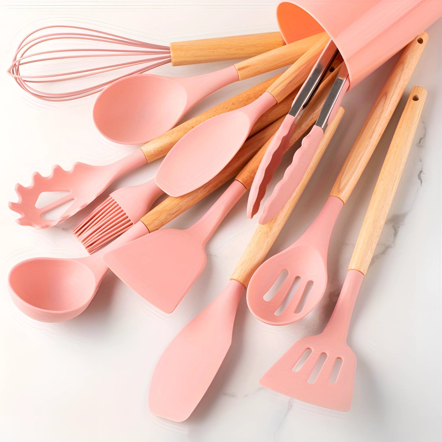 Silicone Kitchen Utensil Set with Bamboo Handles and Heat Resistant Design, 12-Piece