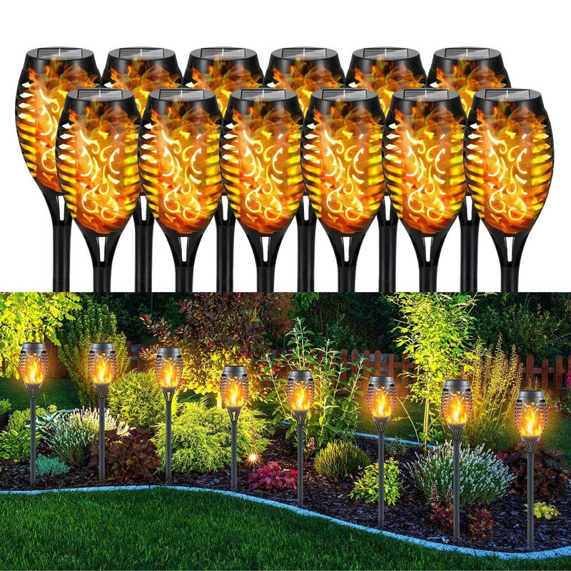 12 Pack Solar Tiki Torch Lights Flickering Flame, Waterproof Outdoor Garden Pathway Lights