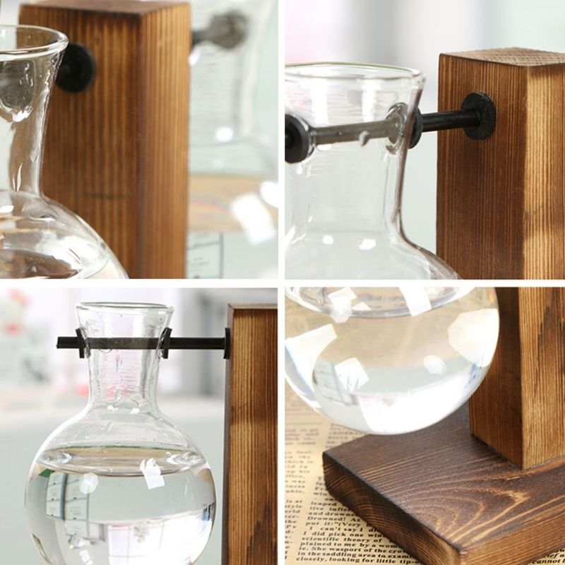 Hydroponic Plant Propagation Vase with Wooden Frame and Clear Glass Containers