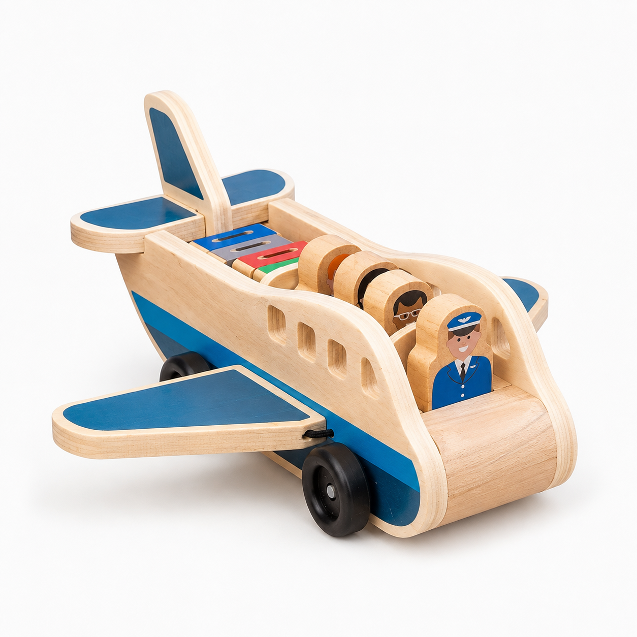 Wooden Airplane with Pilot Figures and Push Pull Action for Toddlers