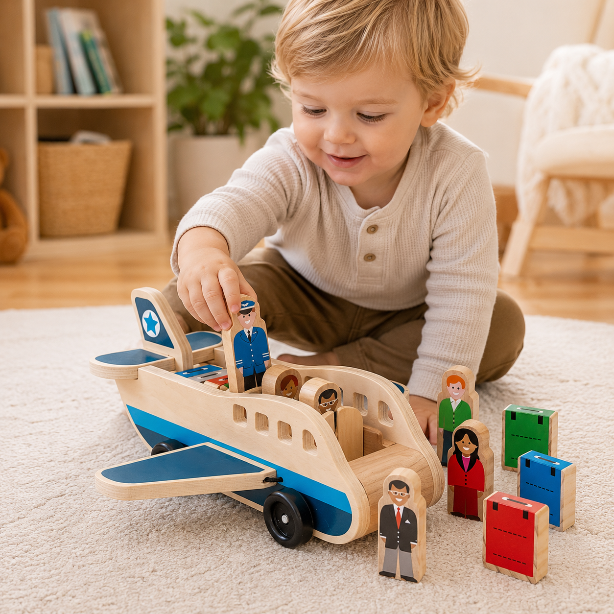 Wooden Airplane with Pilot Figures and Push Pull Action for Toddlers