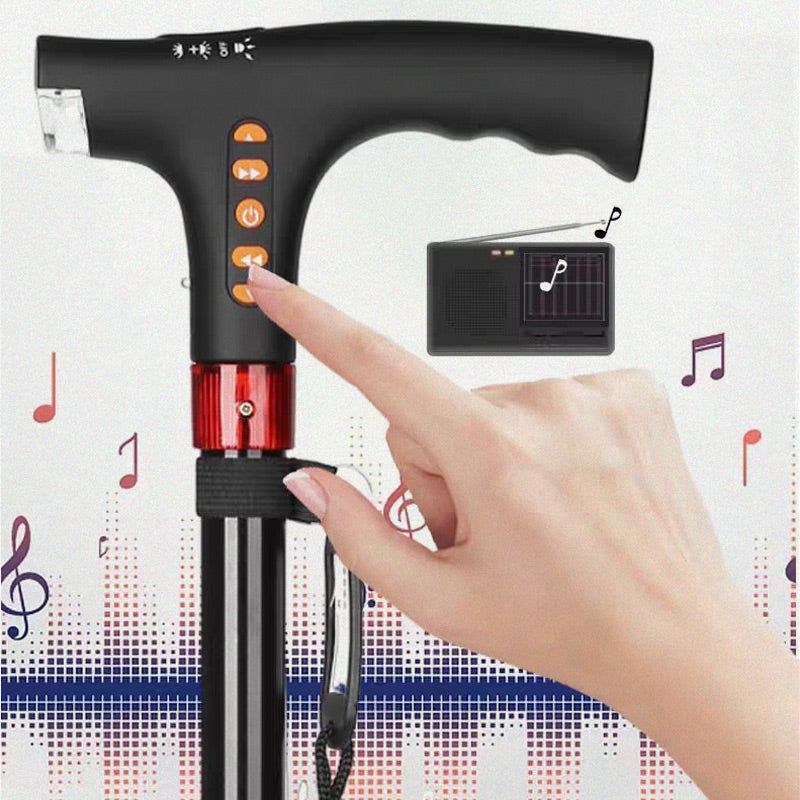 Adjustable Walking Stick with LED Flashlight and Built-In Radio,  Collapsible