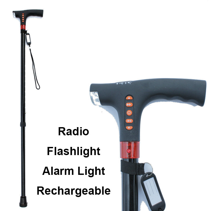 Adjustable Walking Stick with LED Flashlight and Built-In Radio,  Collapsible
