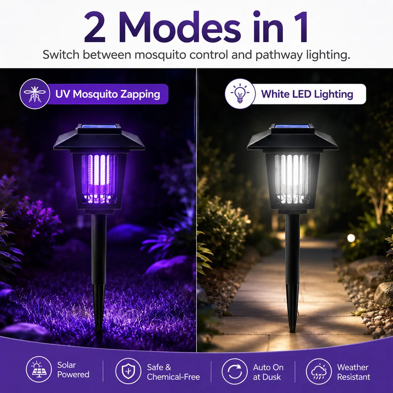 Solar Bug Zapper with Automatic Dusk Sensor and Dual Mode, Ground Stake Installation All Vera Mart