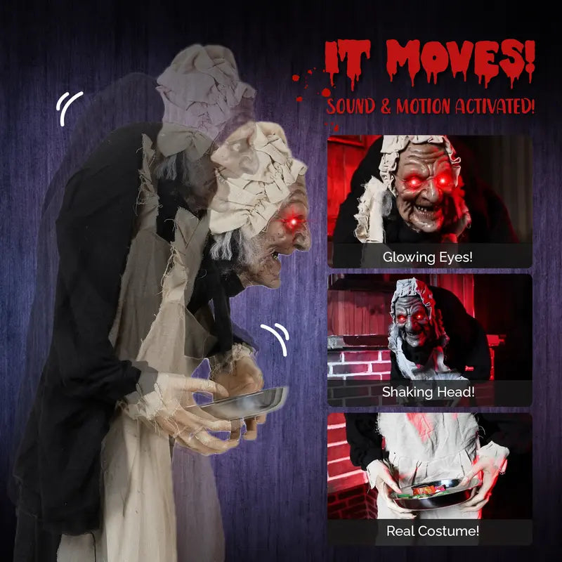 5ft Animated Halloween Figure with Sound-Activated Head Movement and Red LED Eyes, Candy Tray