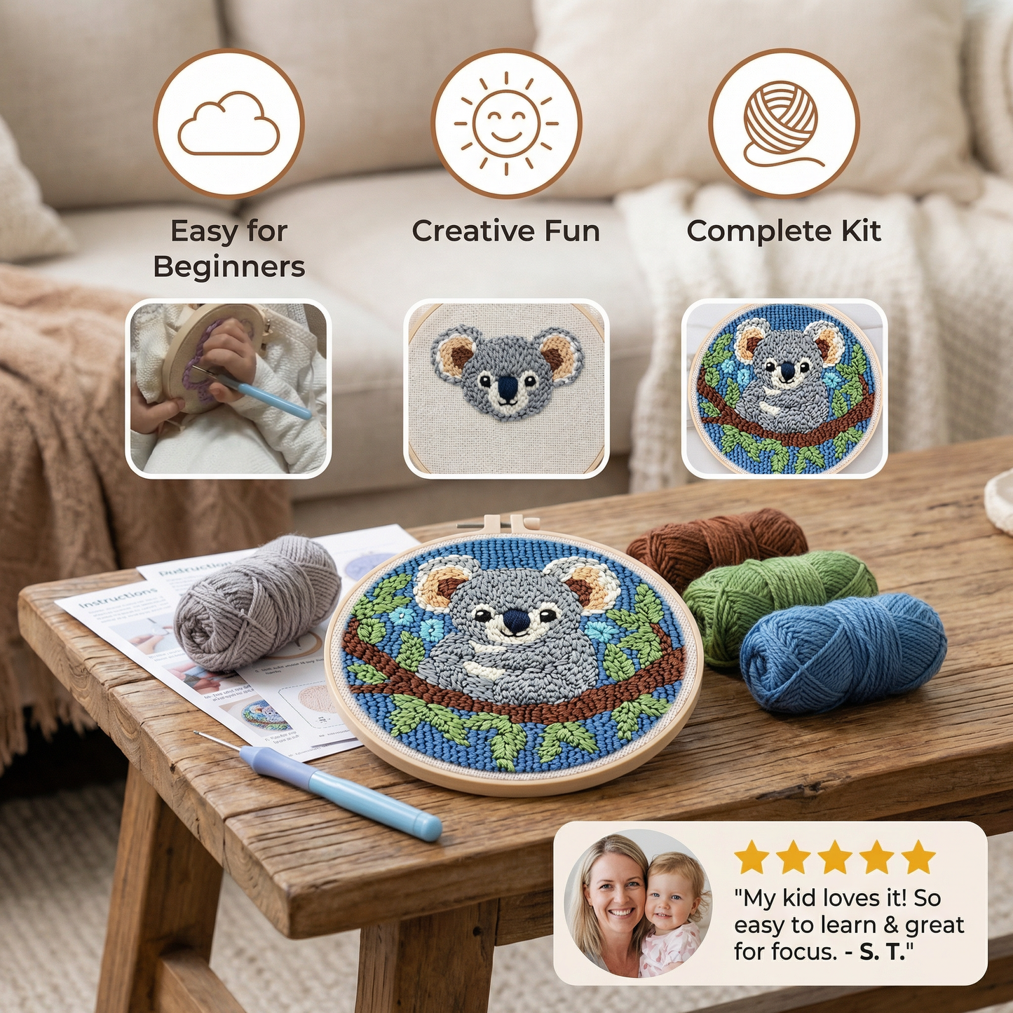 Punch Needle Embroidery Set with Pre-Printed Patterns and Adjustable Loop Height