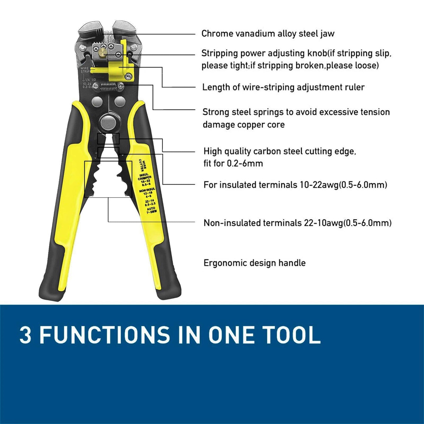 Self-Adjusting Wire Stripper with Cable Cutter and Terminal Crimper