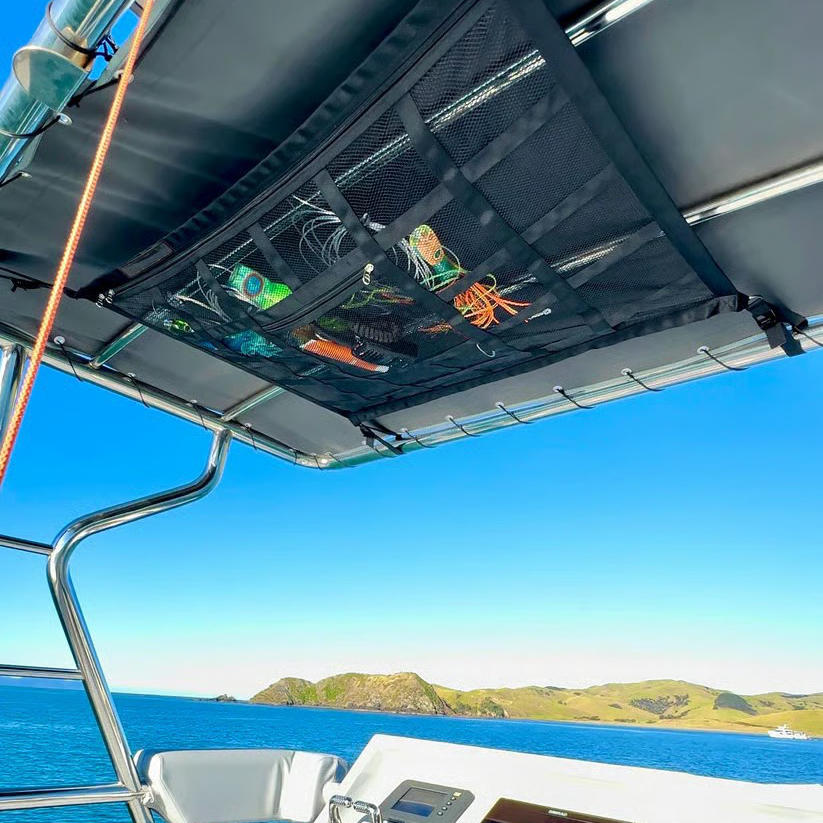 Overhead Vehicle Storage Net with Zipper Access and Buckle Mounting
