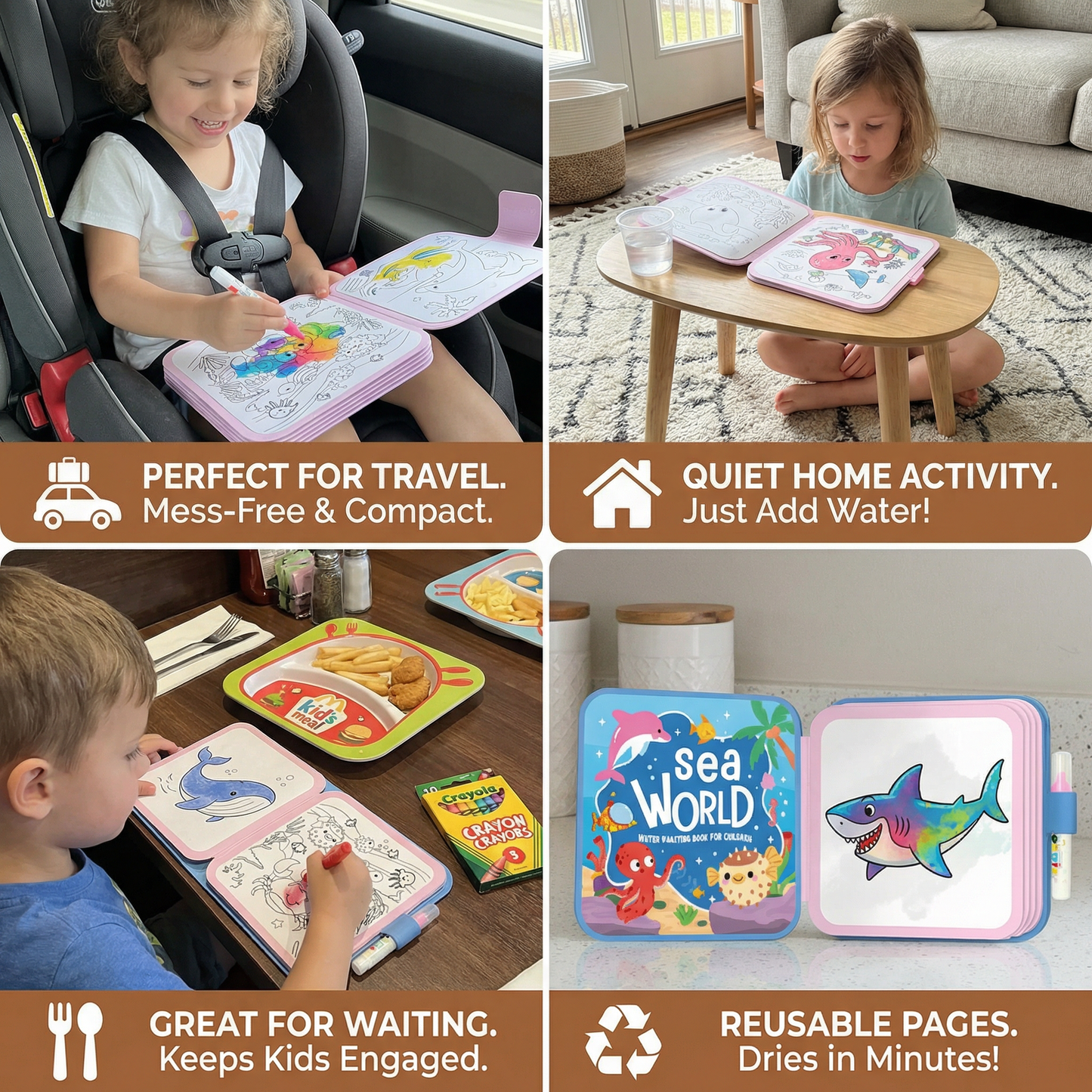 Water Activated Coloring Book with Refillable Pen and Reusable Pages