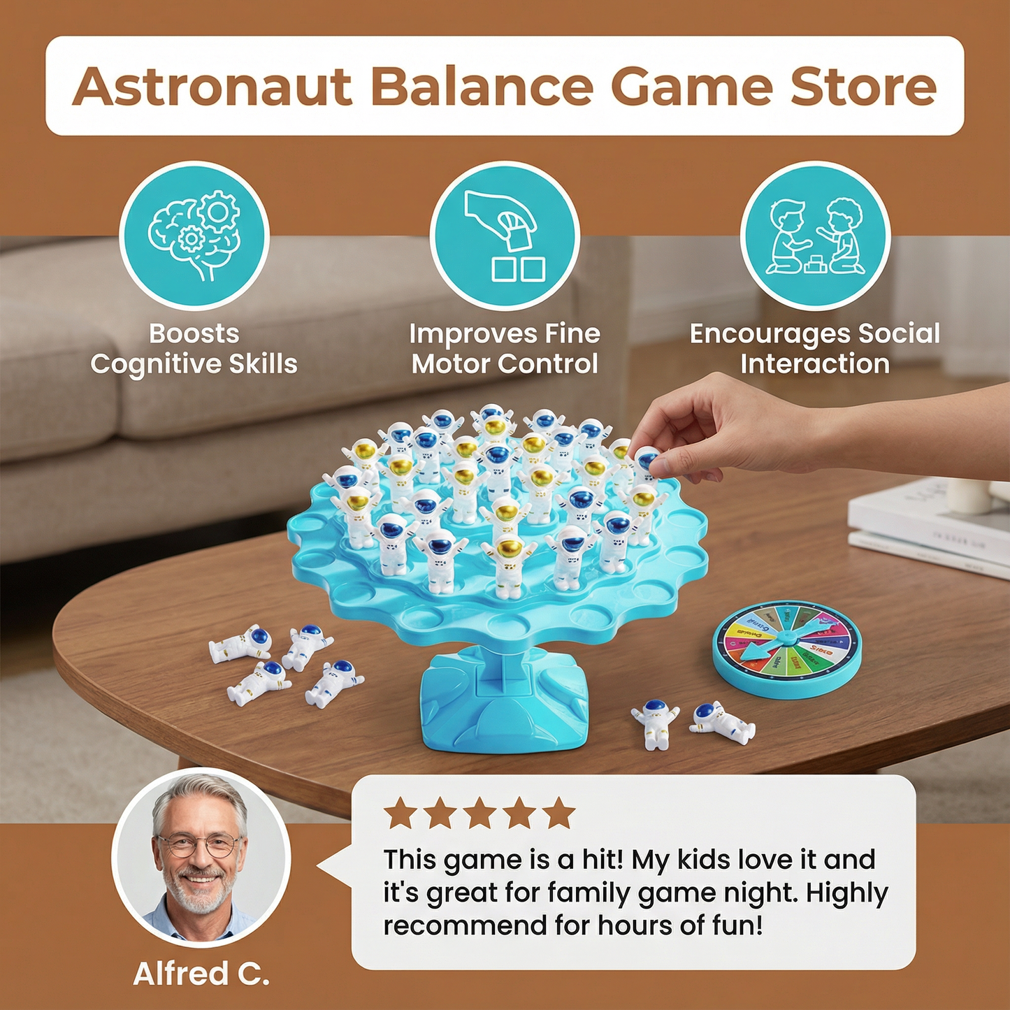 Stacking Balance Game with Astronaut Figures and Spinner, Space Themed