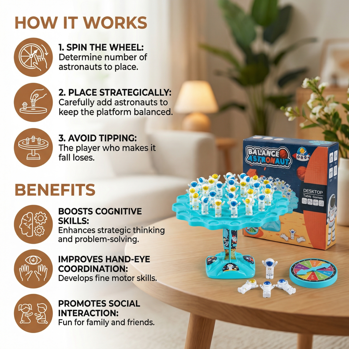 Stacking Balance Game with Astronaut Figures and Spinner, Space Themed