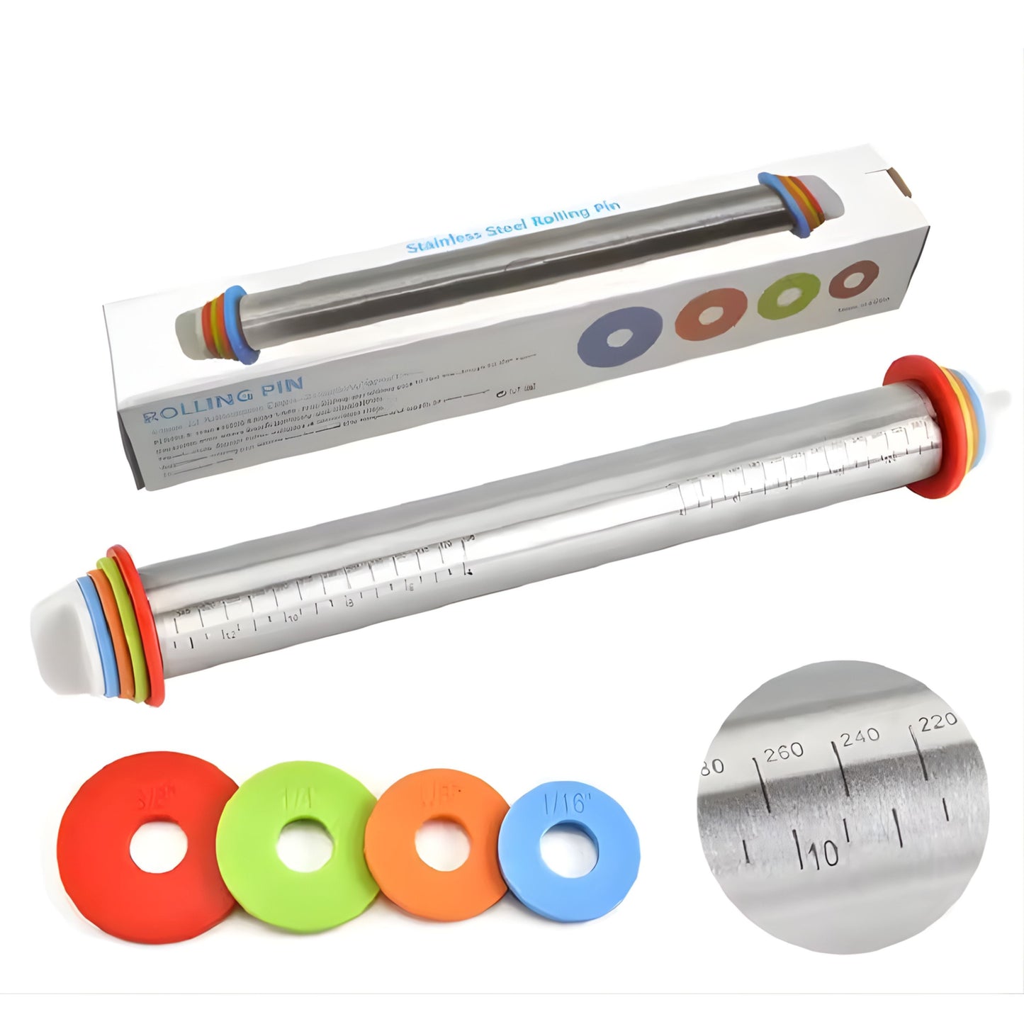 Adjustable Rolling Pin with Stainless Steel Barrel and Silicone Grip Handles, 17 Inch