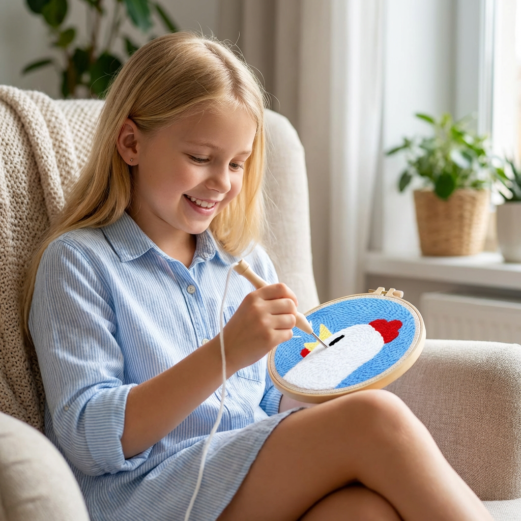 Punch Needle Embroidery Set with Pre-Printed Patterns and Adjustable Loop Height