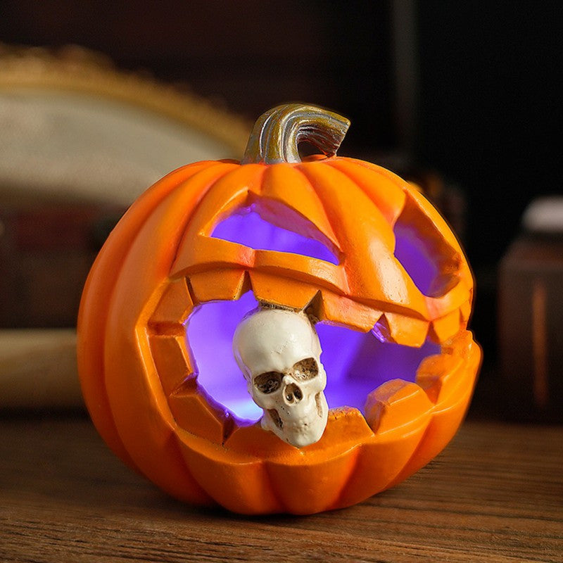 Carved Jack O Lantern Ornament with Skull Insert and Resin Construction