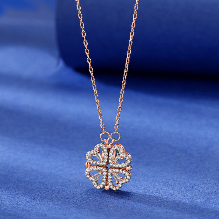 Four Heart Clover Pendant Necklace with Preserved Roses and Gift Box