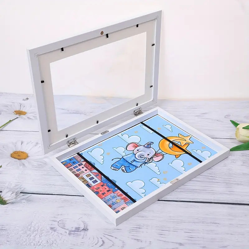 Rotating Artwork Display Frame with Flip Panel for 150 Kids Drawings