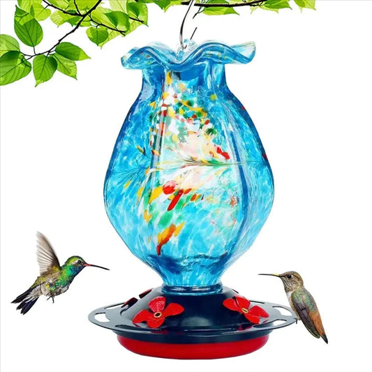 Hummingbird Feeder with Hand Blown Ocean Blue Glass and Bee Proof Ports, Ant Moat All Vera Mart