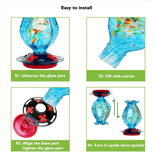 Hummingbird Feeder with Hand Blown Ocean Blue Glass and Bee Proof Ports, Ant Moat All Vera Mart
