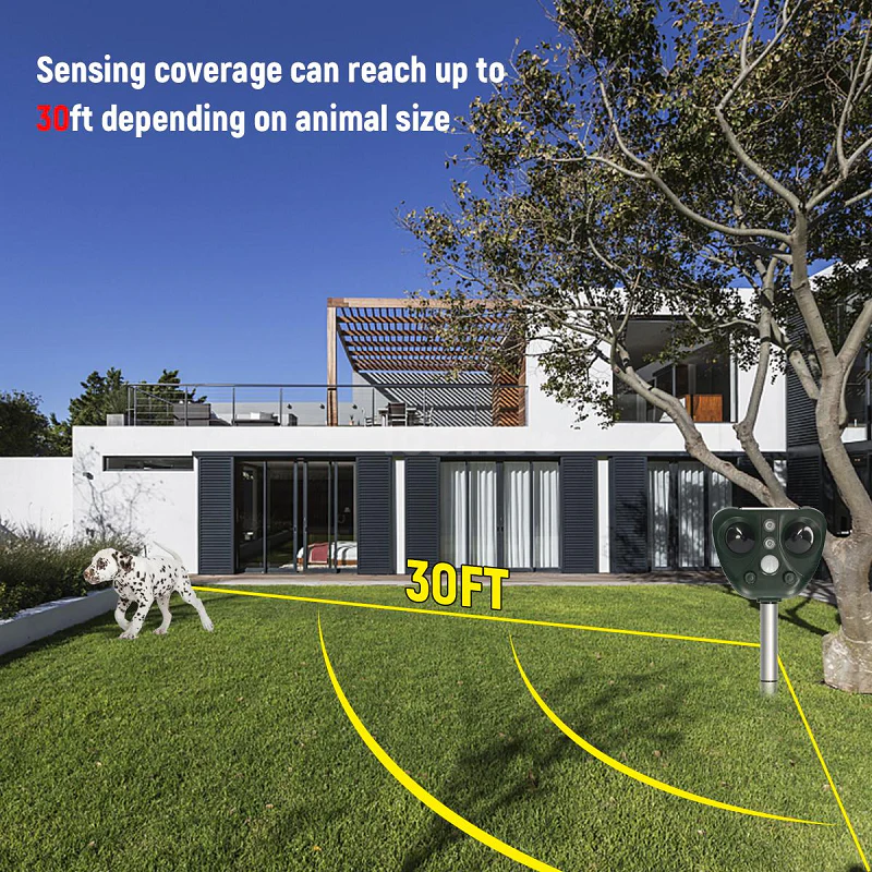 Solar Bird Repeller with Ultrasonic Sound and LED Flashing, 30ft Detection Range