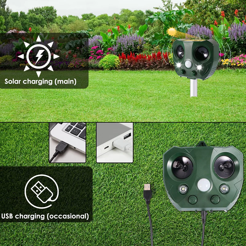 Solar Ultrasonic Bird Repeller with USB Backup and Adjustable Modes, 110 Degree Coverage