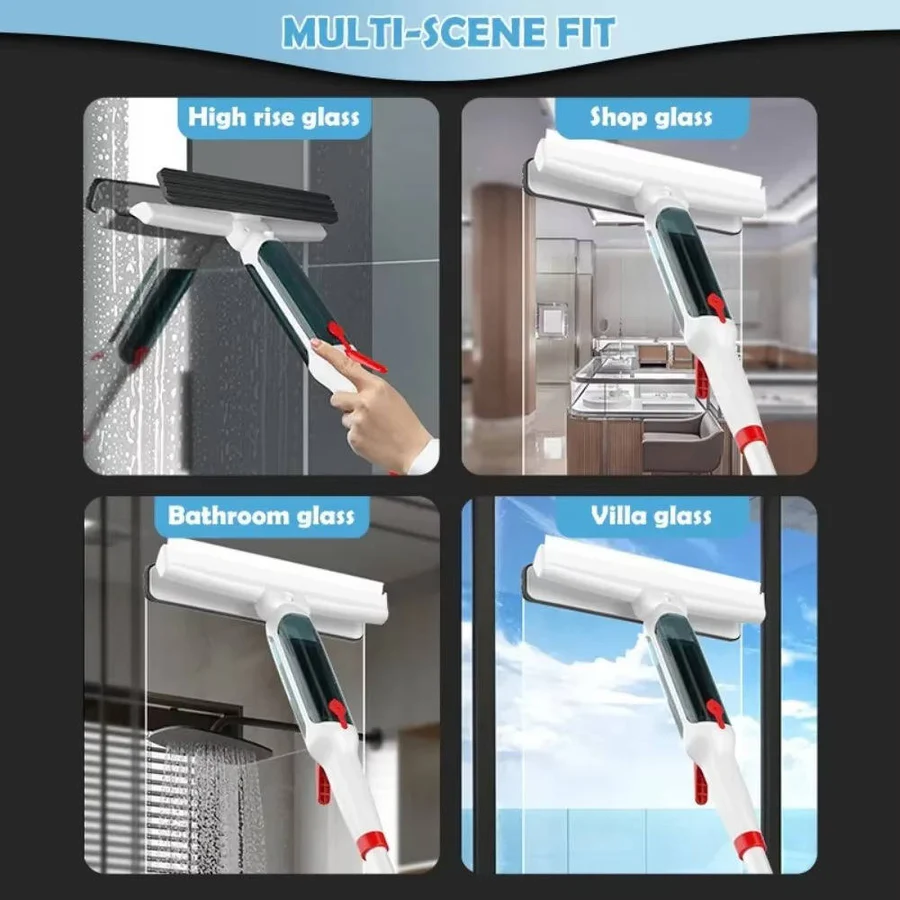 Telescopic Window Cleaner with 10-Inch Dual Head and 51-Inch Pole, Refillable Tank