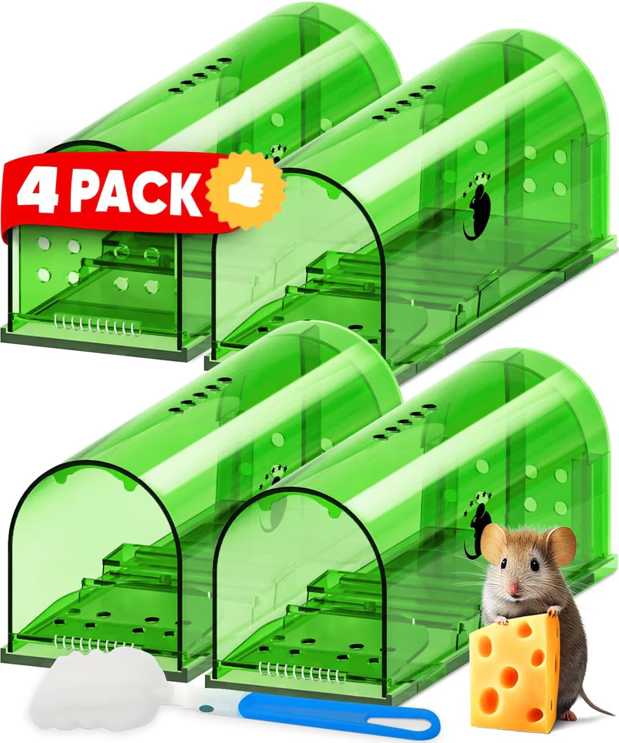 Humane Mouse Trap with No-Touch Release and Clear Ventilated Housing, 4-Pack