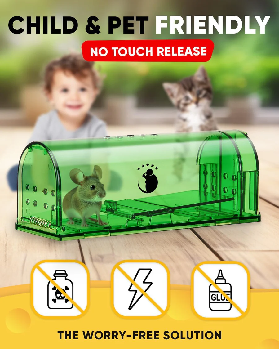 Humane Mouse Trap with No-Touch Release and Clear Ventilated Housing, 4-Pack