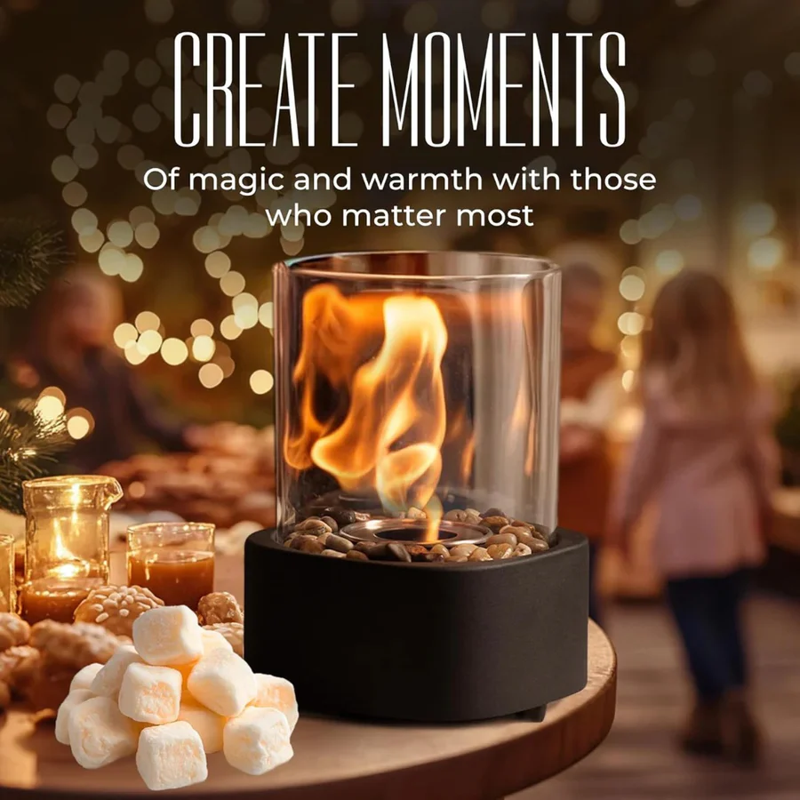 Ethanol Tabletop Fireplace with Glass Cylinder and Flame Snuffer