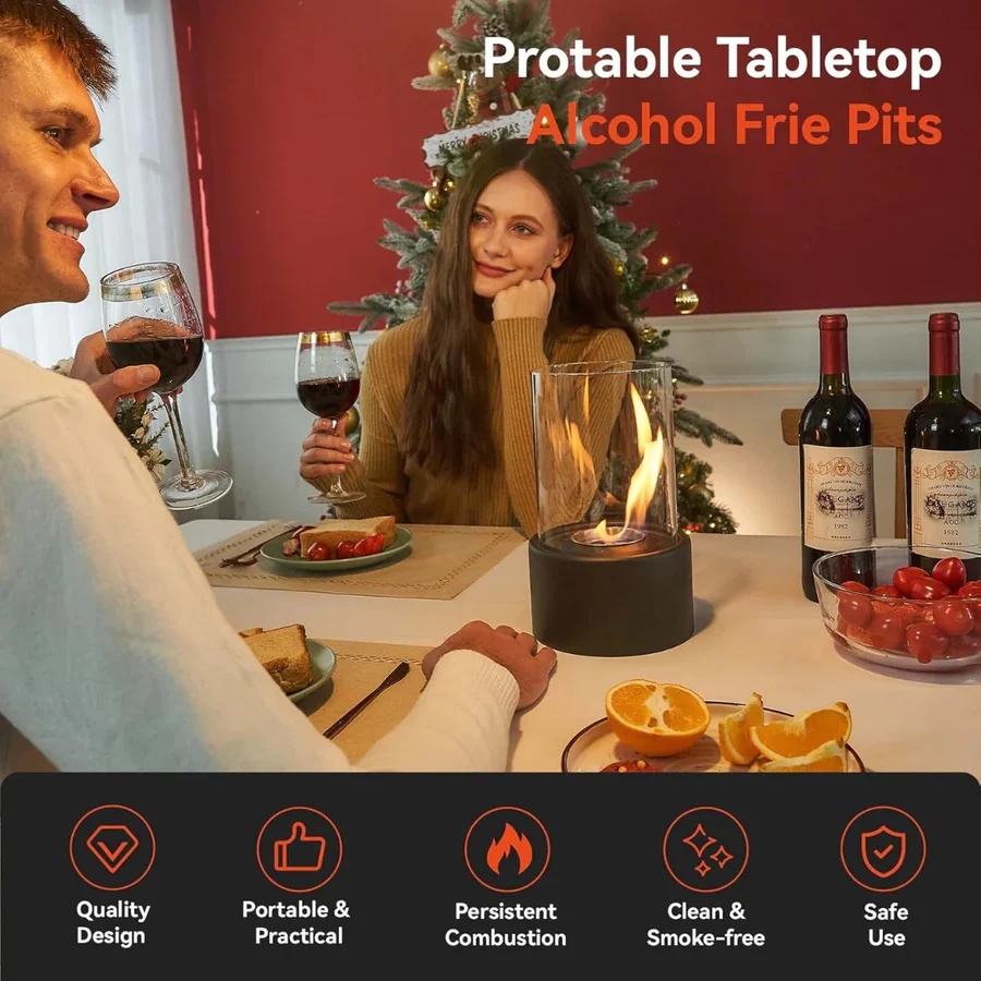 Ethanol Tabletop Fireplace with Glass Cylinder and Flame Snuffer
