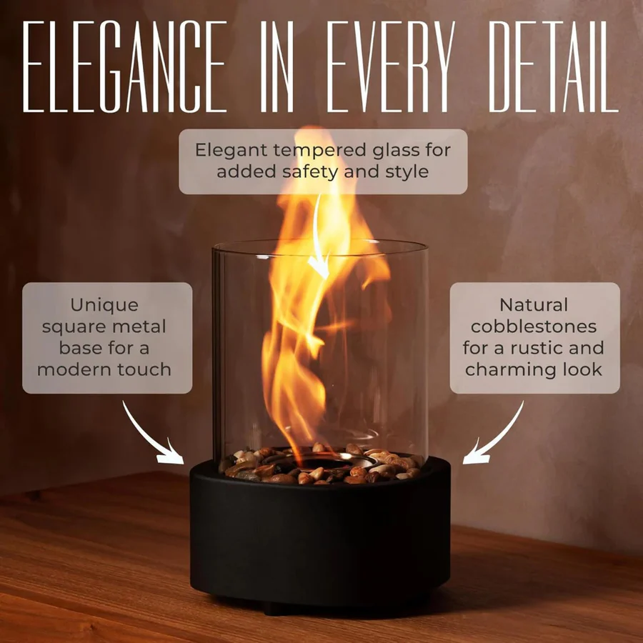 Ethanol Tabletop Fireplace with Glass Cylinder and Flame Snuffer