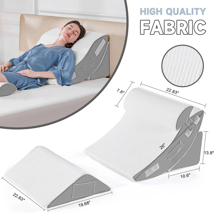 Memory Foam Wedge Pillow Set with Adjustable Strips and Removable Plush Cover, 4 Piece