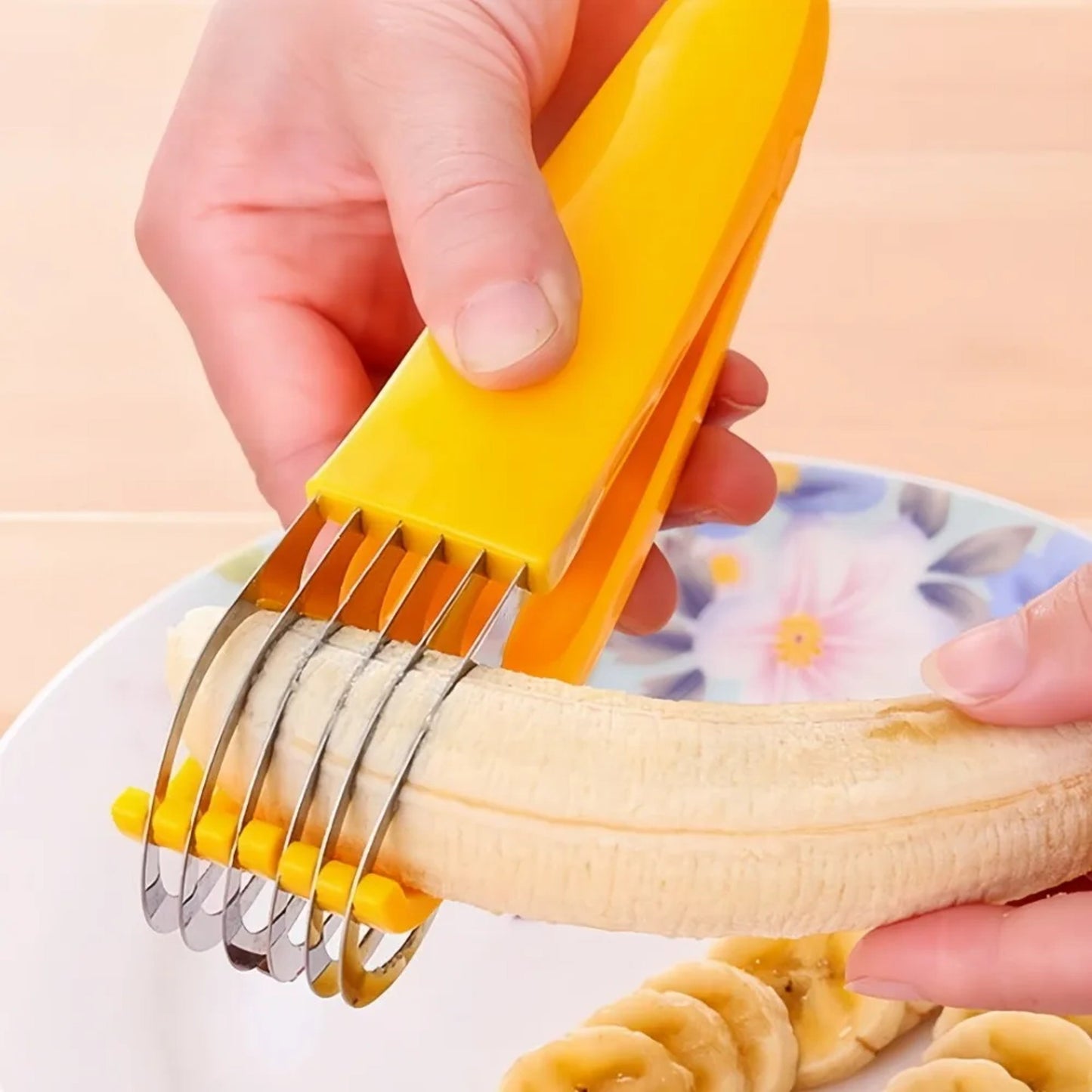 Curved Blade Banana Slicer with Angled Handle for Fruits and Vegetables