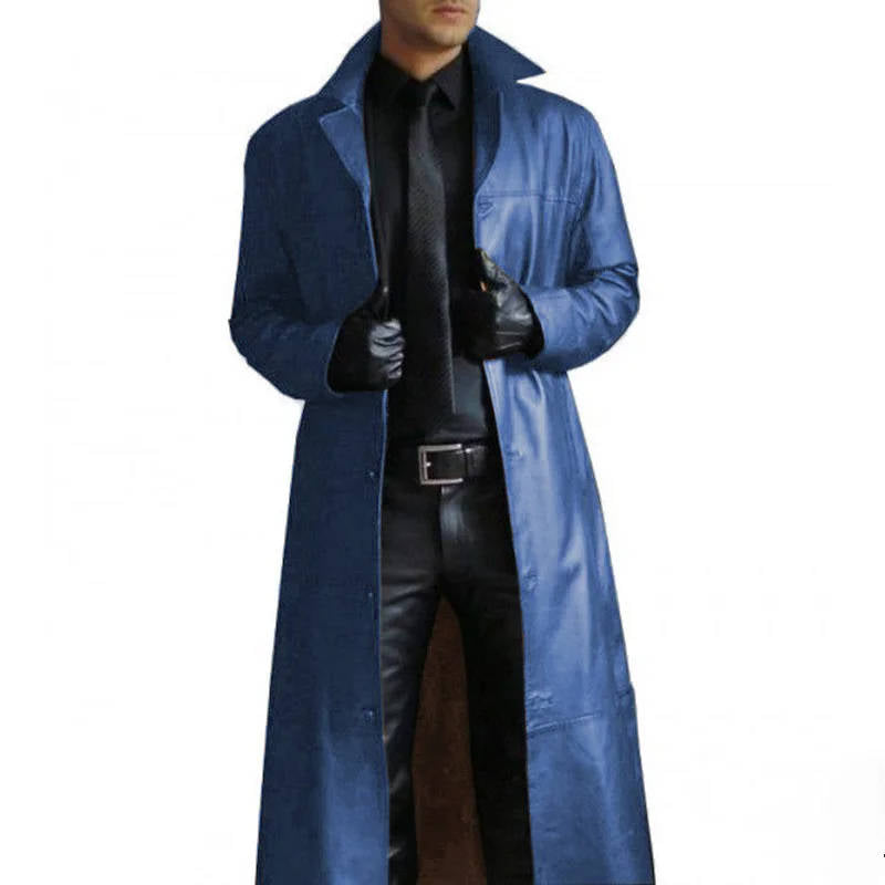 Mens Long Trench Coat with PU Outer Shell and Polyester Lining, Slim Fit