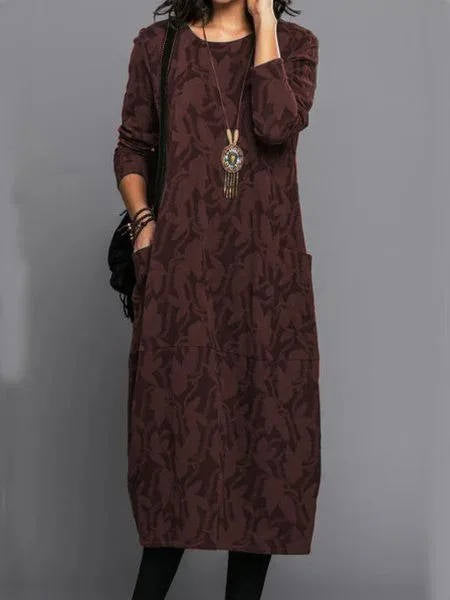 Floral Midi Dress with Long Sleeves and Side Pockets