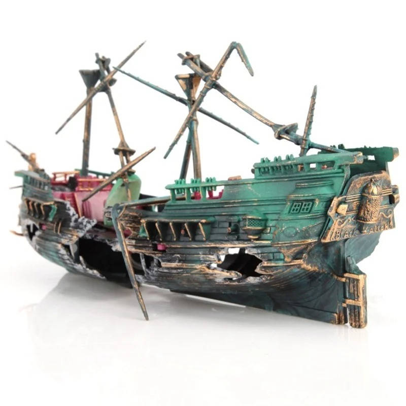 Sunken Boat Aquarium Decoration with Built-In Air System and Multiple Swim Spaces