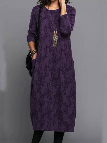 Floral Midi Dress with Long Sleeves and Side Pockets