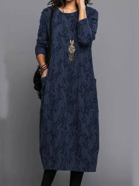 Floral Midi Dress with Long Sleeves and Side Pockets