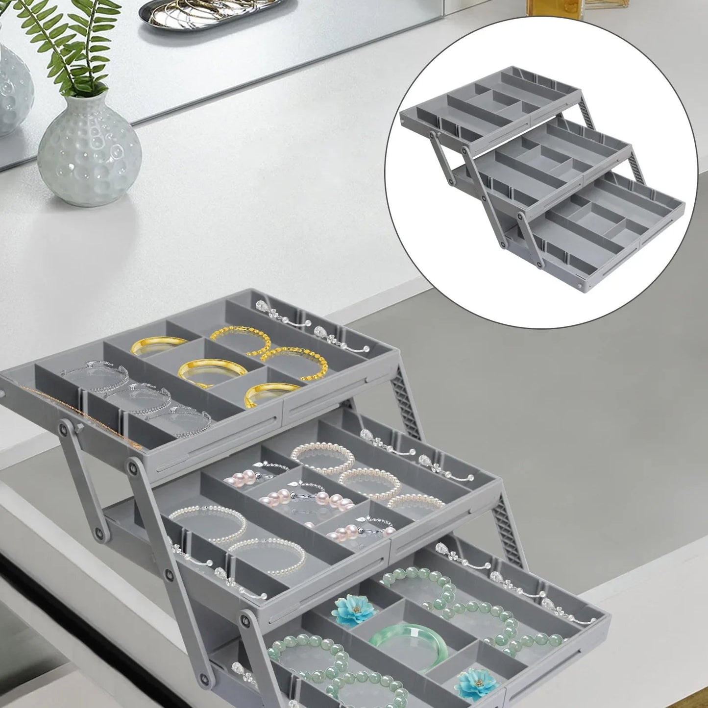 Foldable Drawer Organizer with Three Stacking Tiers and Divided Compartments