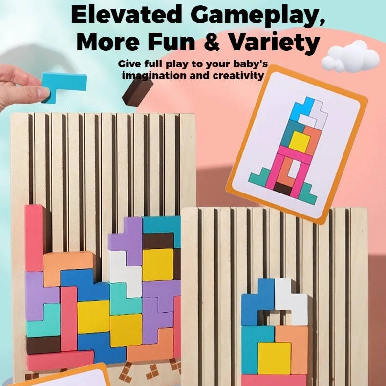 Wooden Block Puzzle Set with Foldout Stand and 42 Colorful Blocks, 10 Pattern Cards