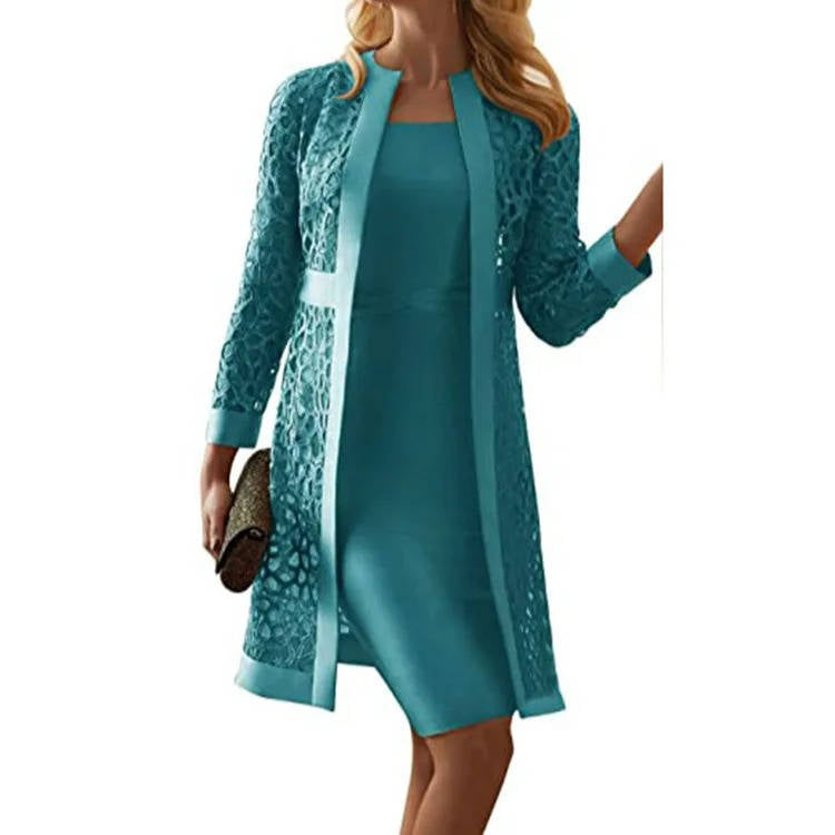 Two Piece Knee Length Sheath Dress with Open Front Lace Jacket and Long Sleeves